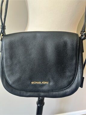 Michael Kors Black Pebbled Leather Saddle Crossbody with Gold Logo